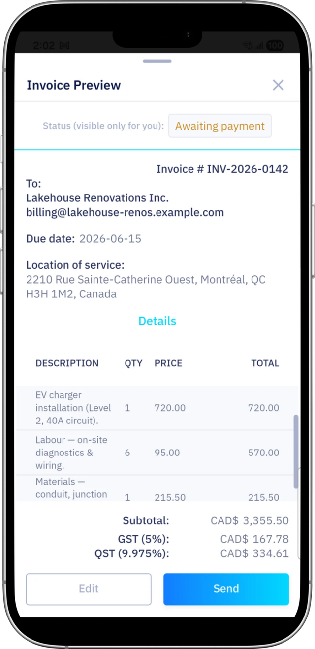 KAVIO invoice preview