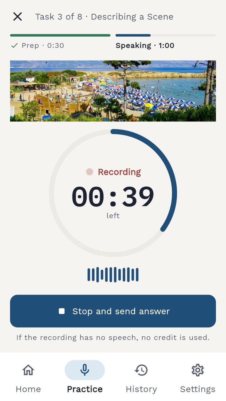 SpeakLab recording an answer with a countdown