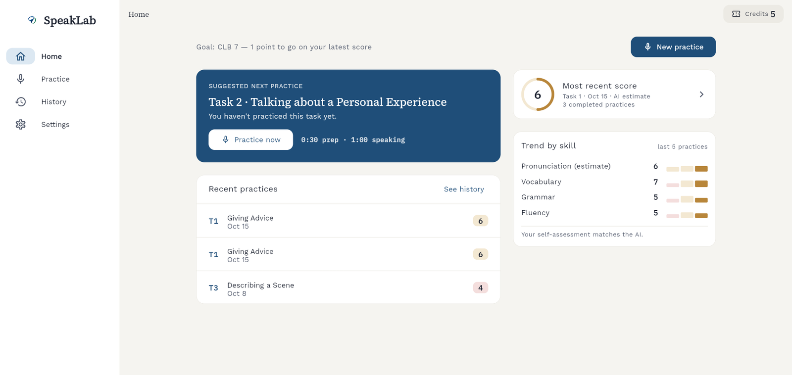SpeakLab dashboard with the latest score and trend by skill