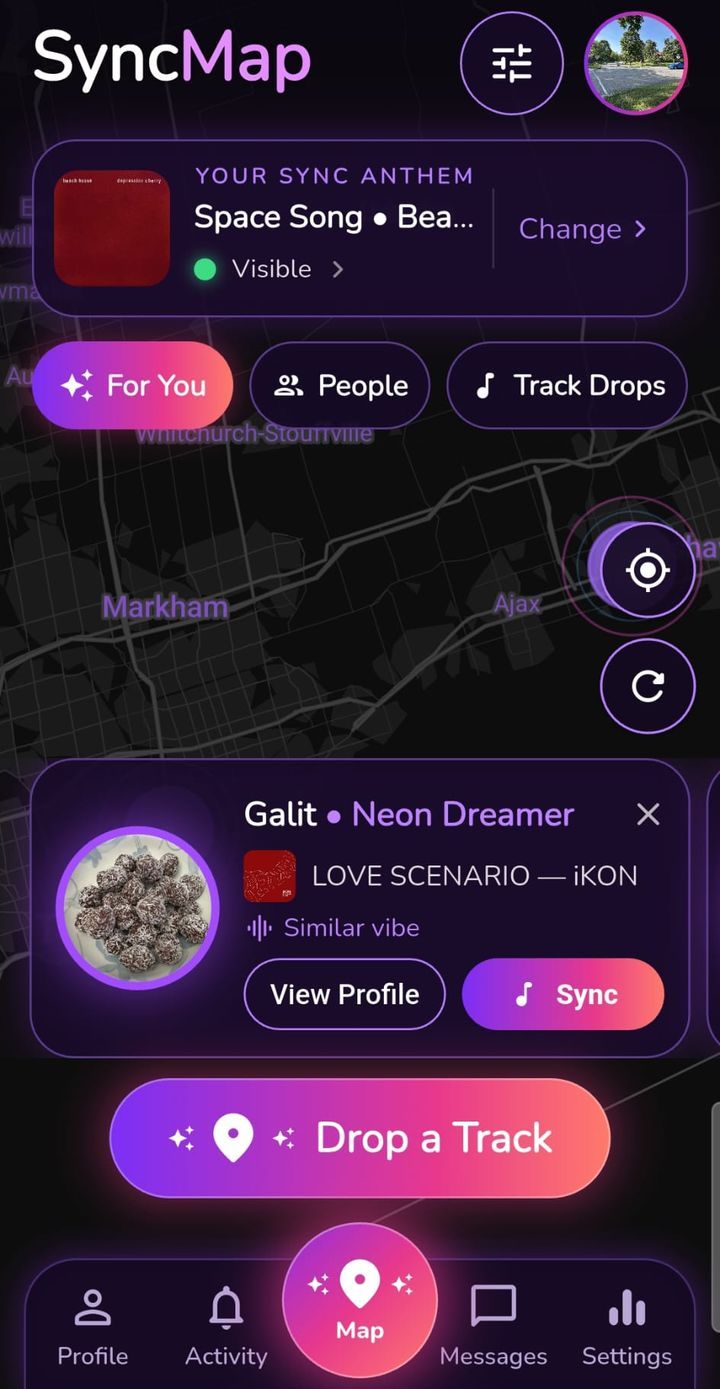 Syncoply map with people and dropped tracks nearby